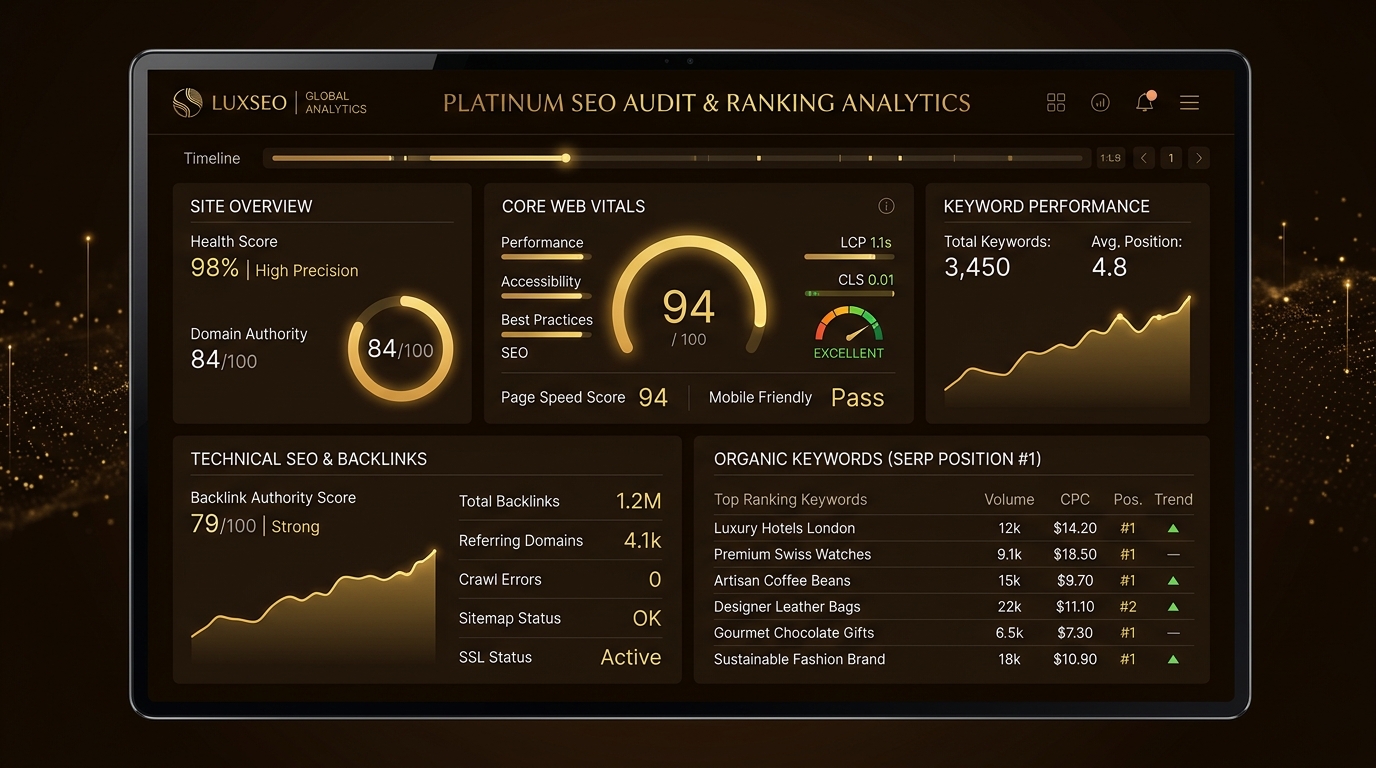 Technical website SEO audit dashboard showing Core Web Vitals and organic keyword rankings
