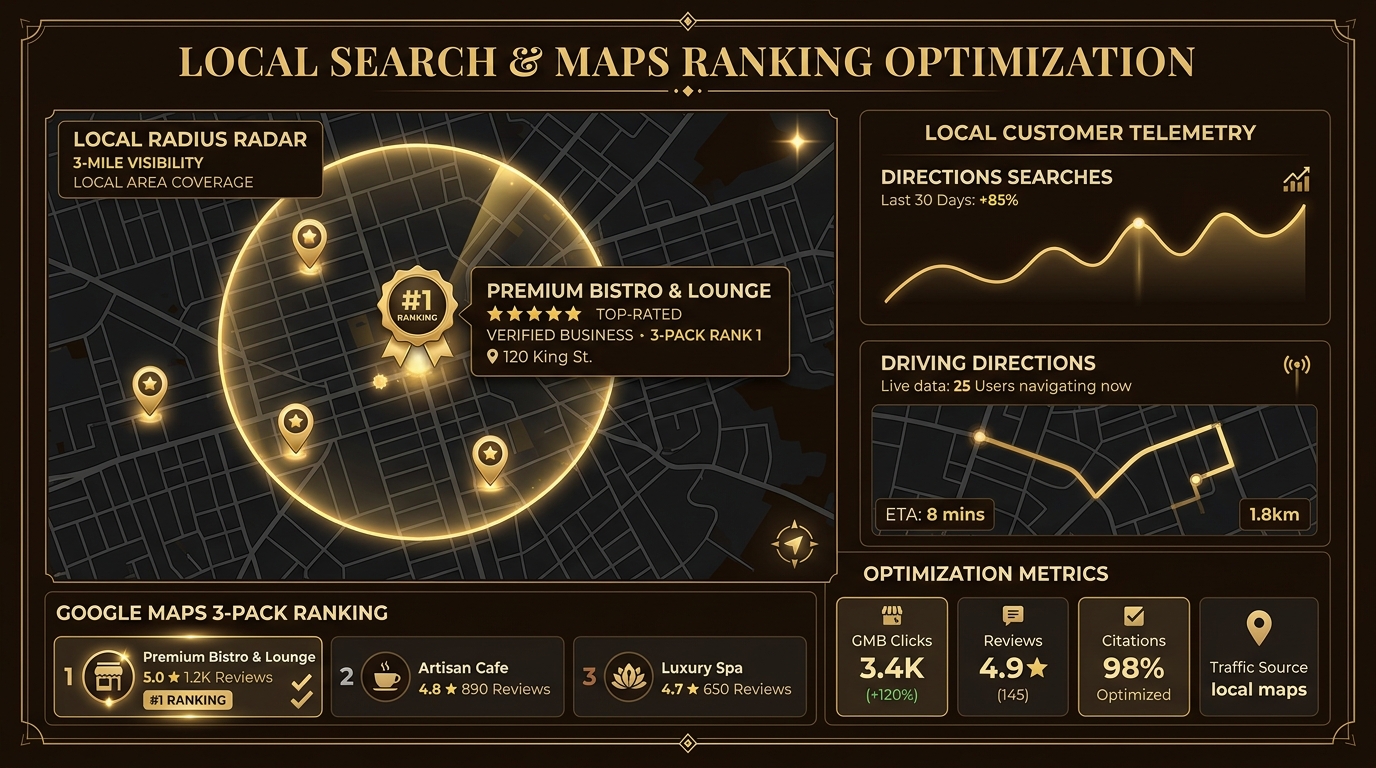Local SEO search optimization and Google Maps 3-pack ranking telemetry