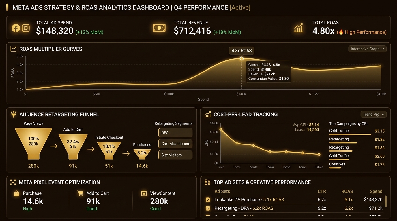 Meta Ads paid advertising strategy dashboard showing ROAS multiplier and audience retargeting funnels